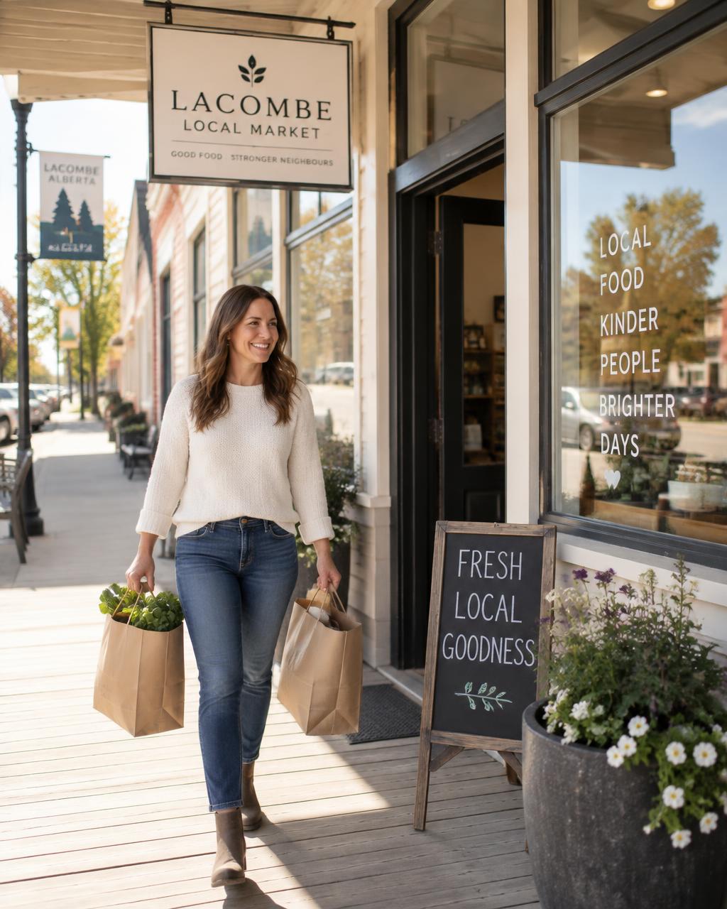 Friendly local courier carrying grocery bags in sunny Lacombe