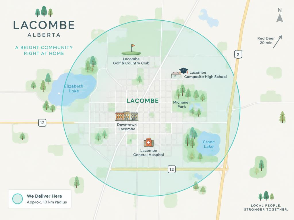 Map showing Lacombe delivery radius